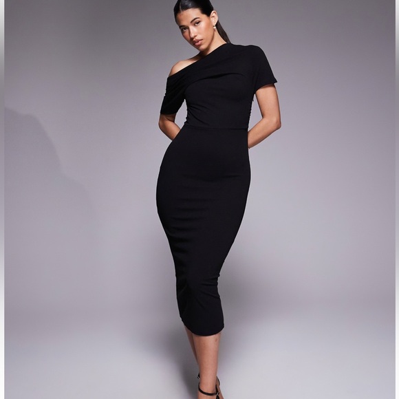 ASOS Black Pleated Shoulder Off Shoulder Midi Pencil Dress | 10 - Picture 1 of 9